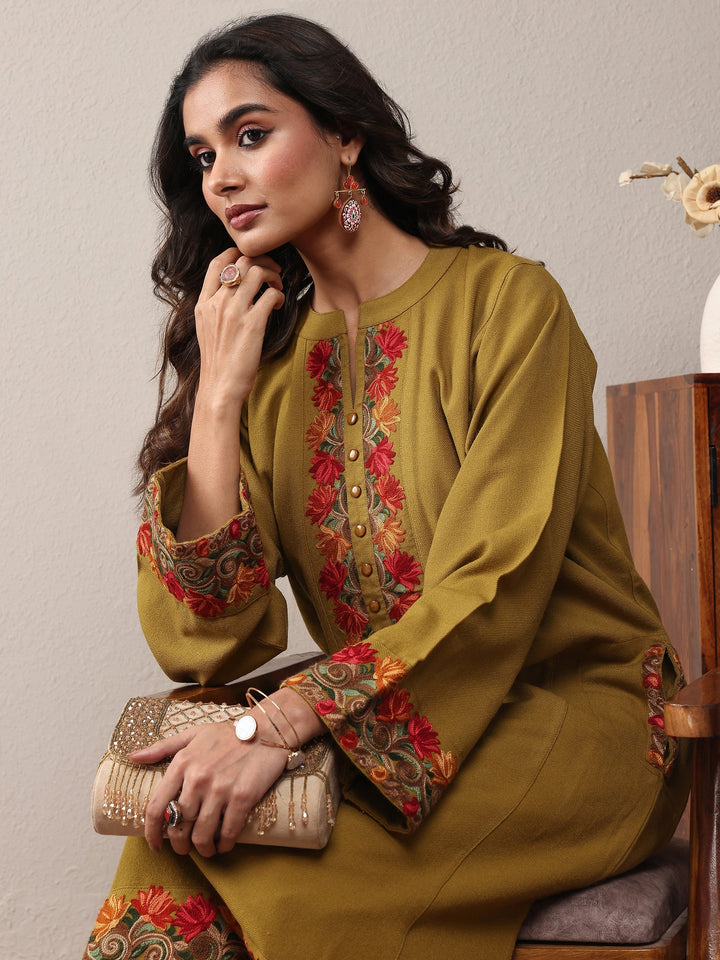 Mustard Floral Embroidered Wool Straight Kurta
