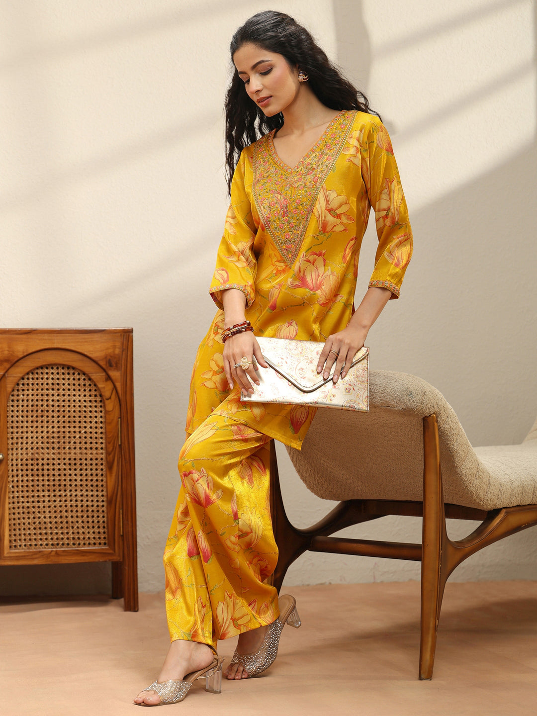 Mustard Floral Print Silk Blend Co-Ord Set