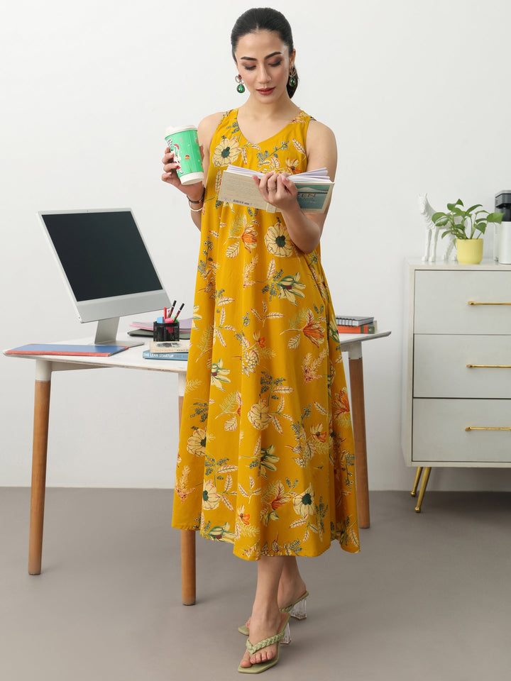 Mustard Floral Printed Cotton A-Line Sleeveless One Piece Dress