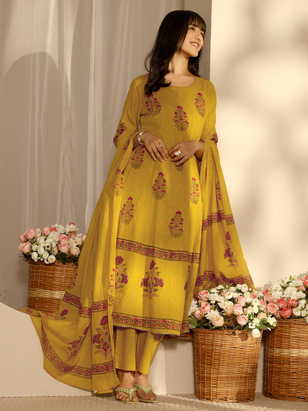 Mustard Floral Printed Cotton Anarkali Suit Set With Dupatta