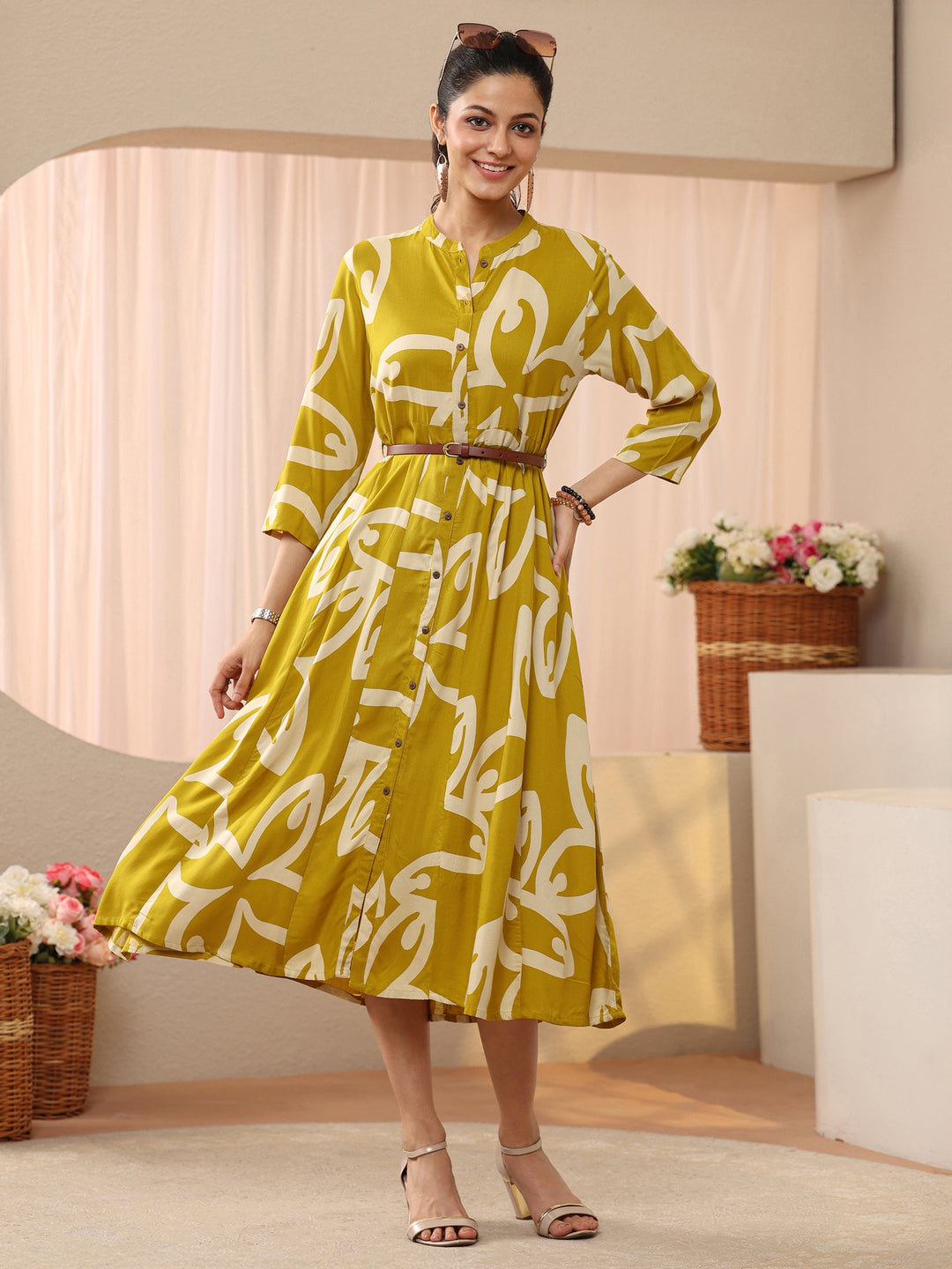 Mustard Floral Printed Cotton Blend A-Line Shirt Dress