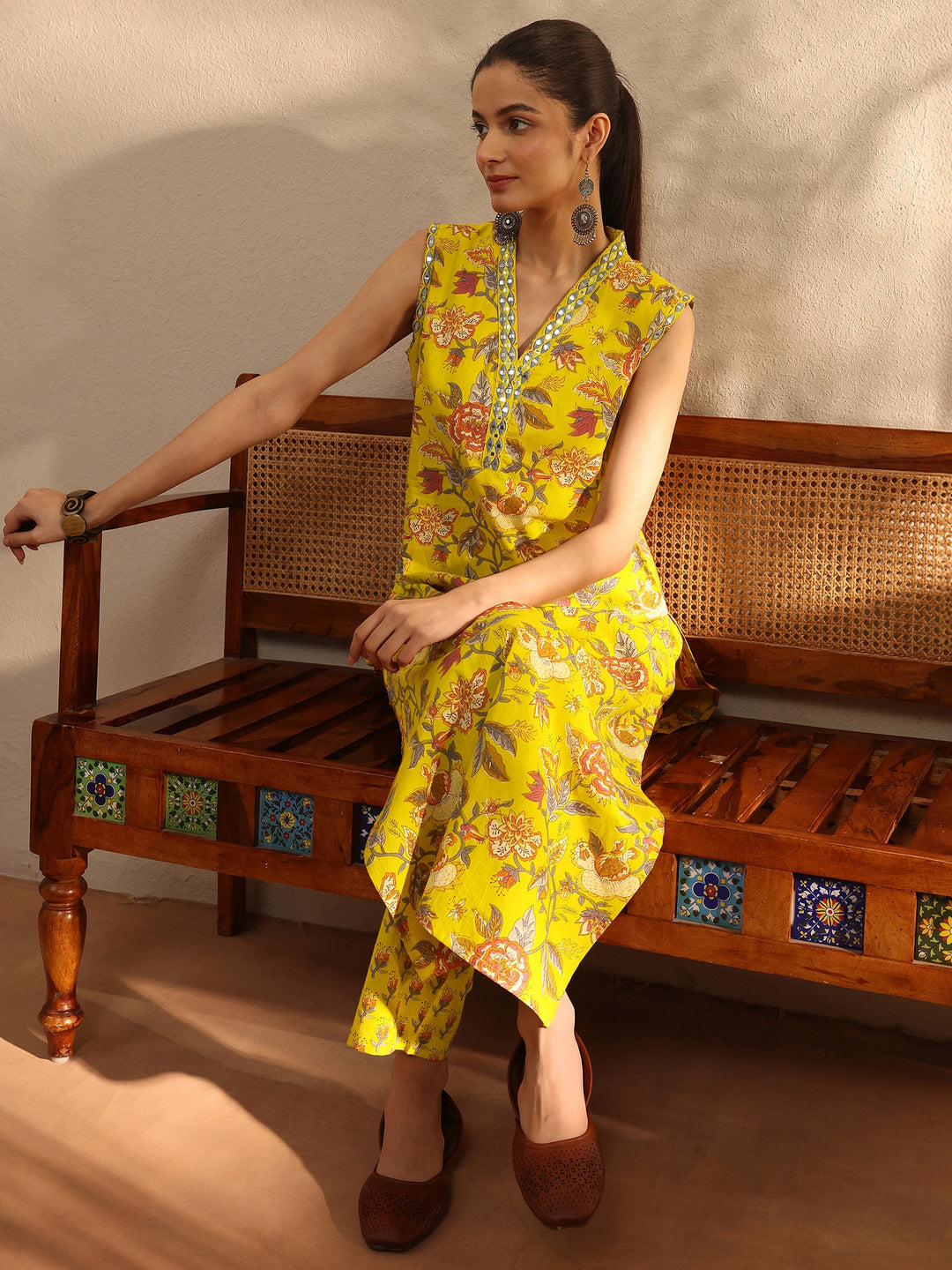 Mustard Floral Printed Cotton Blend Straight Kurta Set