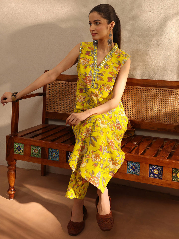 Mustard Floral Printed Cotton Blend Straight Kurta Set