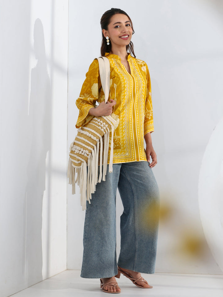Mustard Floral Printed Cotton Blend Straight Short Kurti
