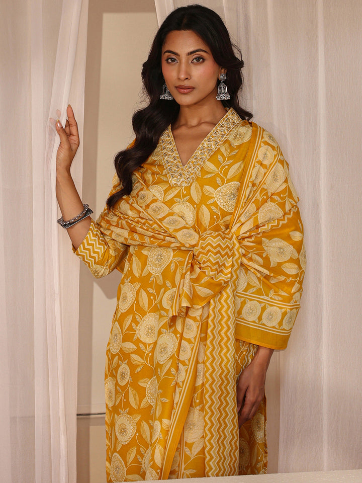 Mustard Floral Printed Cotton Blend Straight Suit Set
