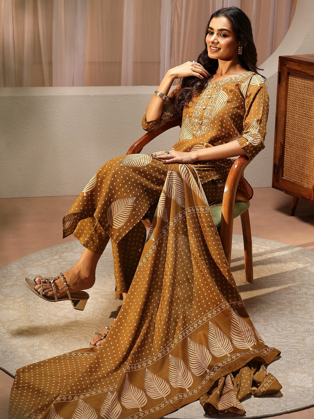 Mustard Floral Printed Cotton Blend Straight Suit Set
