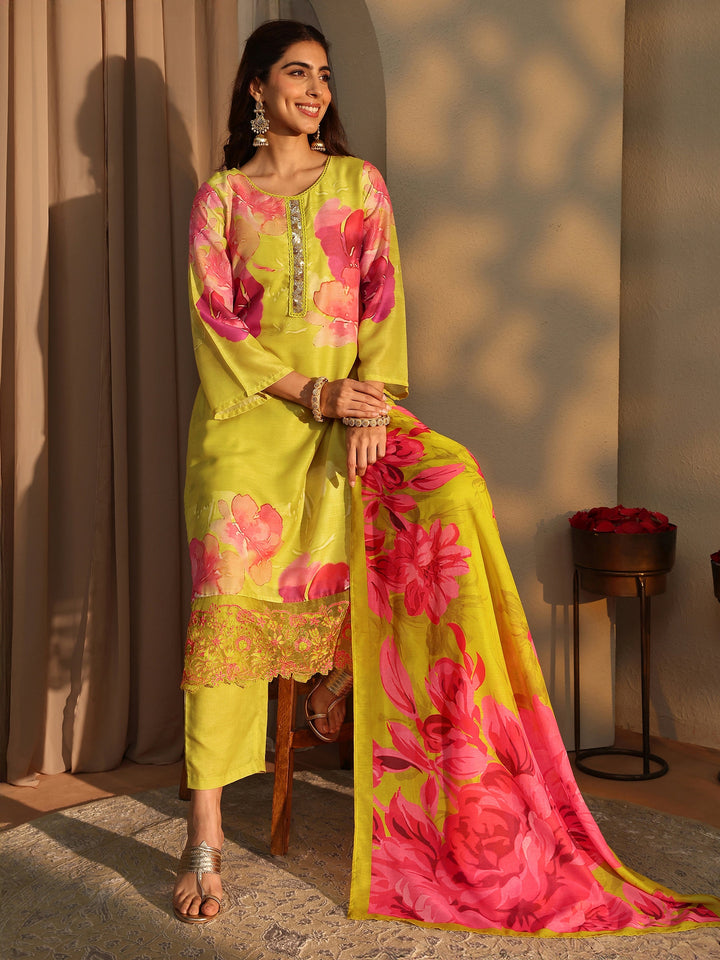 Mustard Floral Printed Cotton Blend Straight Suit Set With Dupatta