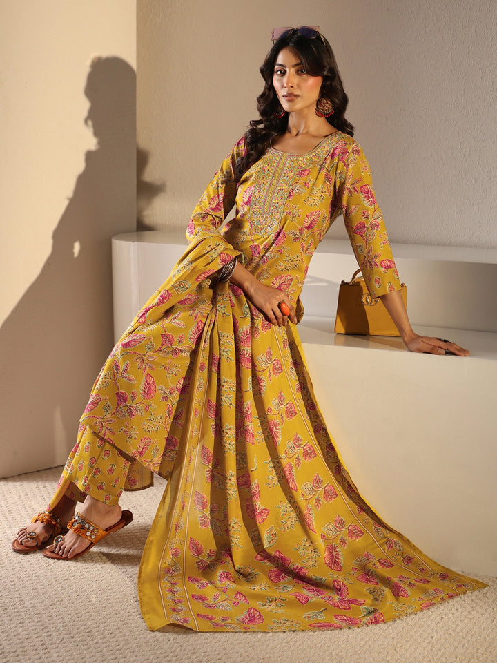 Mustard Floral Printed Cotton Blend Straight Suit Set With Dupatta