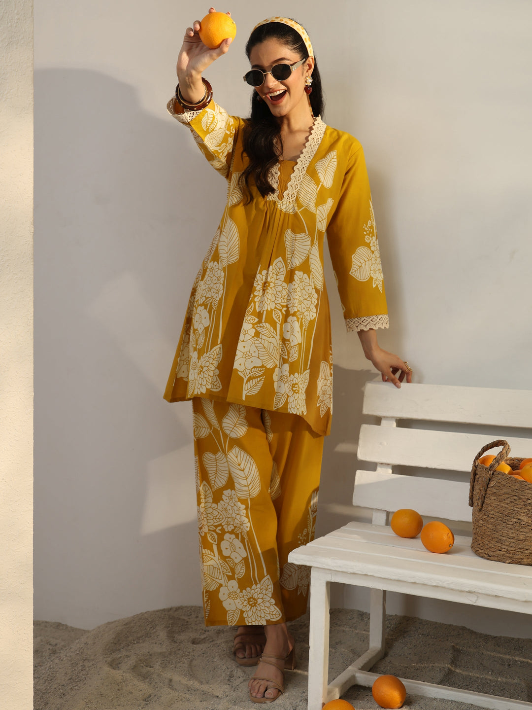 Mustard Floral Printed Cotton Co-Ord Set
