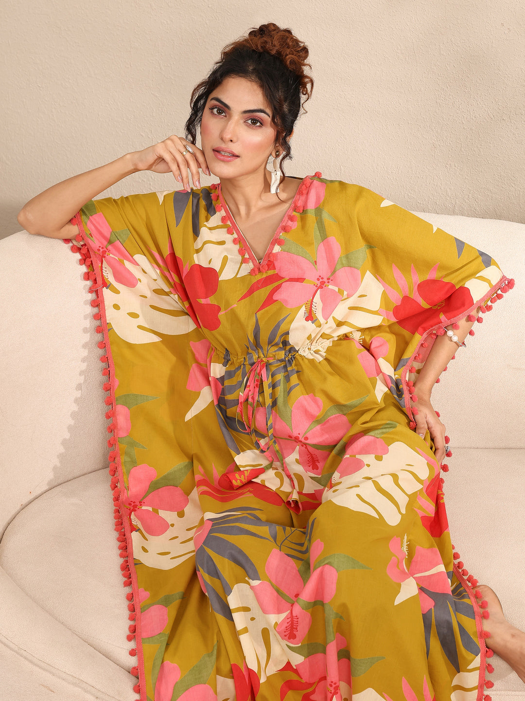 Buy Mustard Floral Printed Cotton Kaftan Night Dress Online in USA at $27.00 | Libas Buy Mustard Floral Printed Cotton Kaftan Night Dress Online in USA at $27.00 | Libas