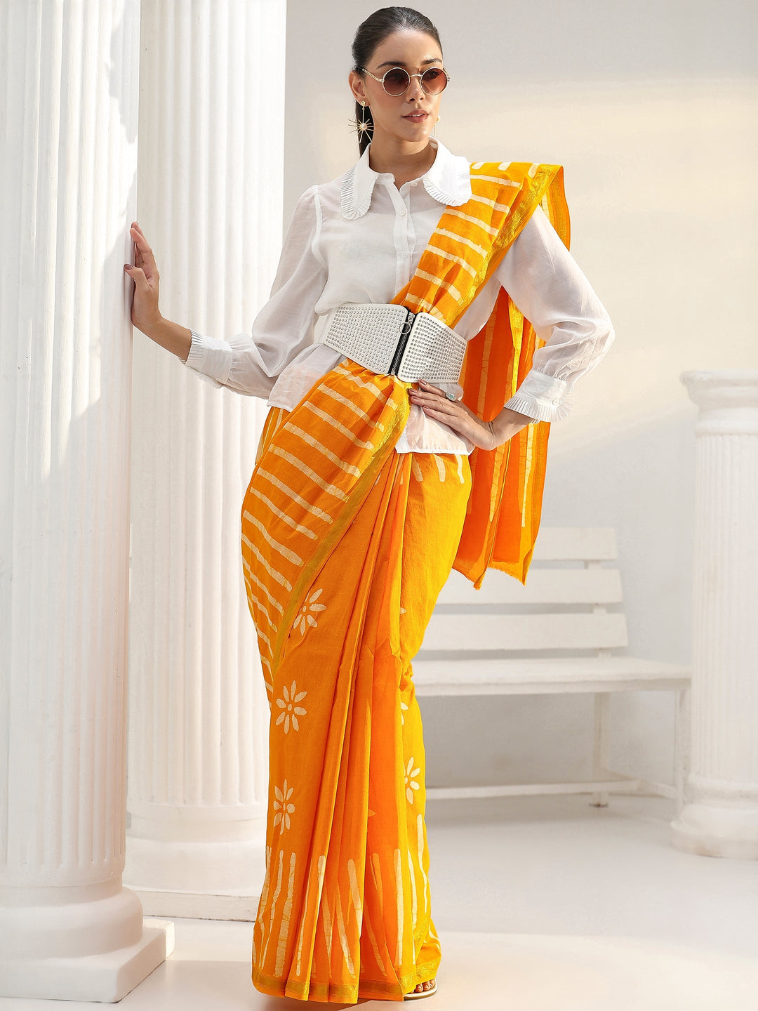Mustard Floral Printed Cotton saree