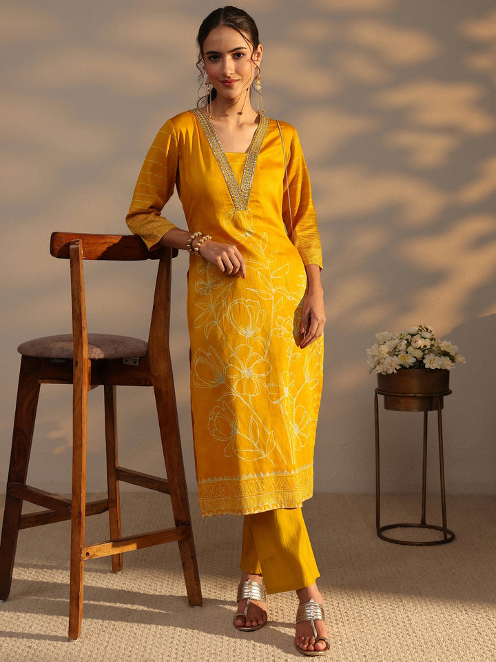 Mustard Floral Printed Cotton Straight Kurta