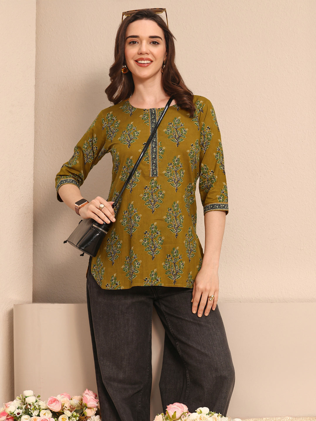 Mustard Floral Printed Cotton Straight Short Kurti