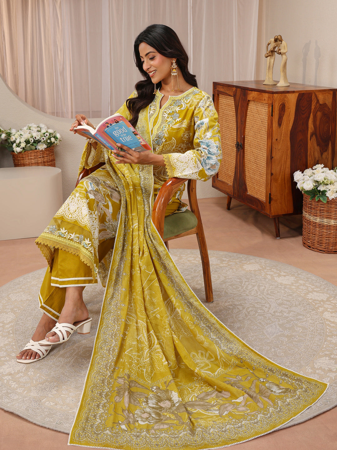 Mustard Floral Printed Cotton Straight Suit Set