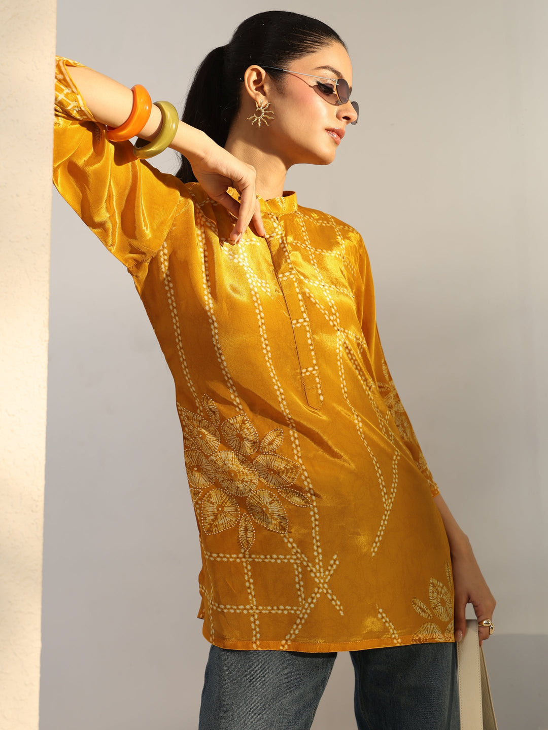 Mustard Floral Printed Crepe Straight Short Kurti