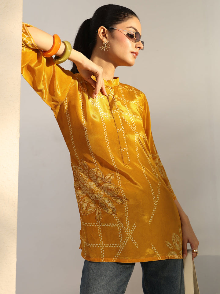 Mustard Floral Printed Crepe Straight Short Kurti