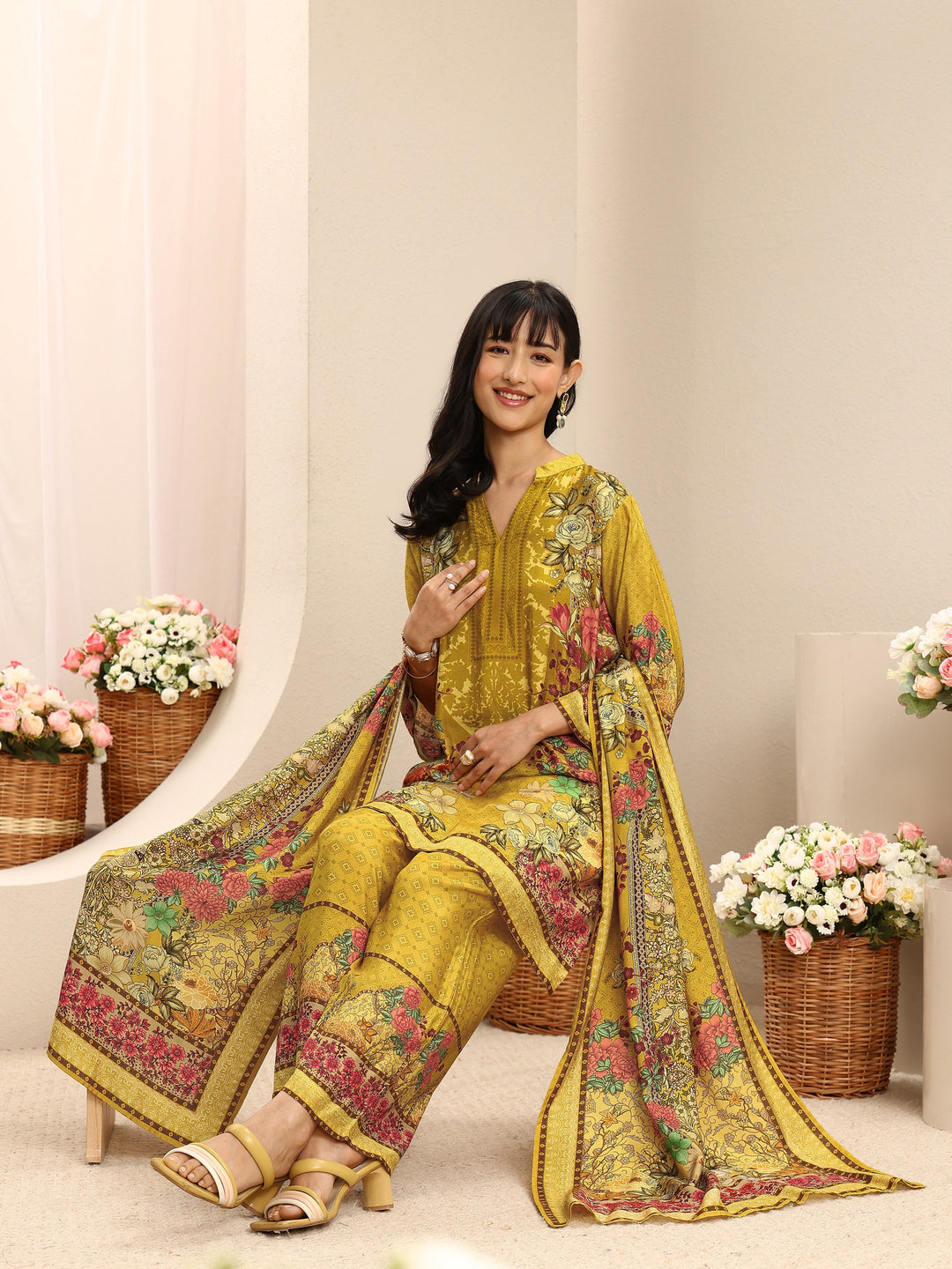 Mustard Floral Printed Muslin Straight Suit Set With Dupatta