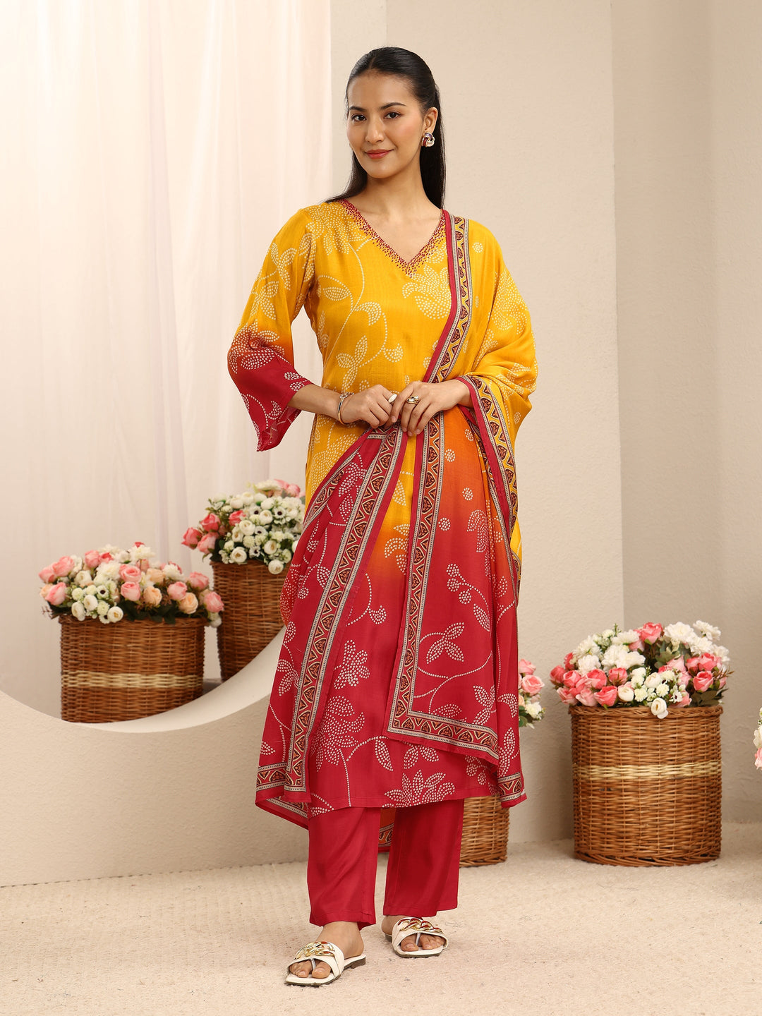 Mustard Floral Printed Muslin Straight Suit Set With Dupatta