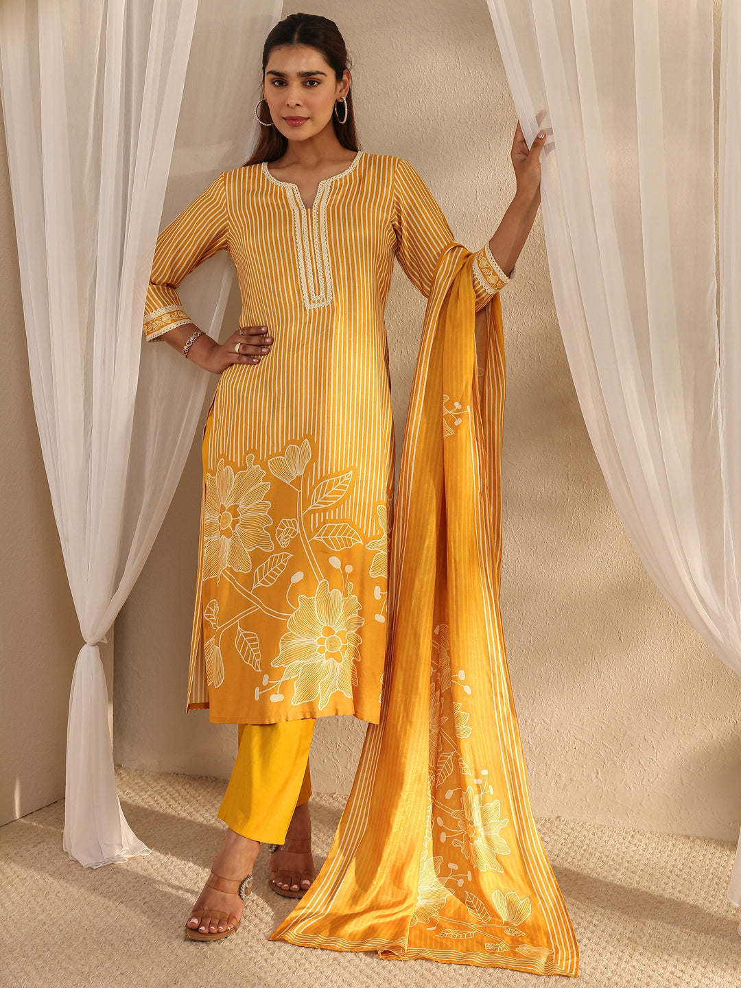 Mustard Floral Printed Muslin Straight Suit Set With Dupatta