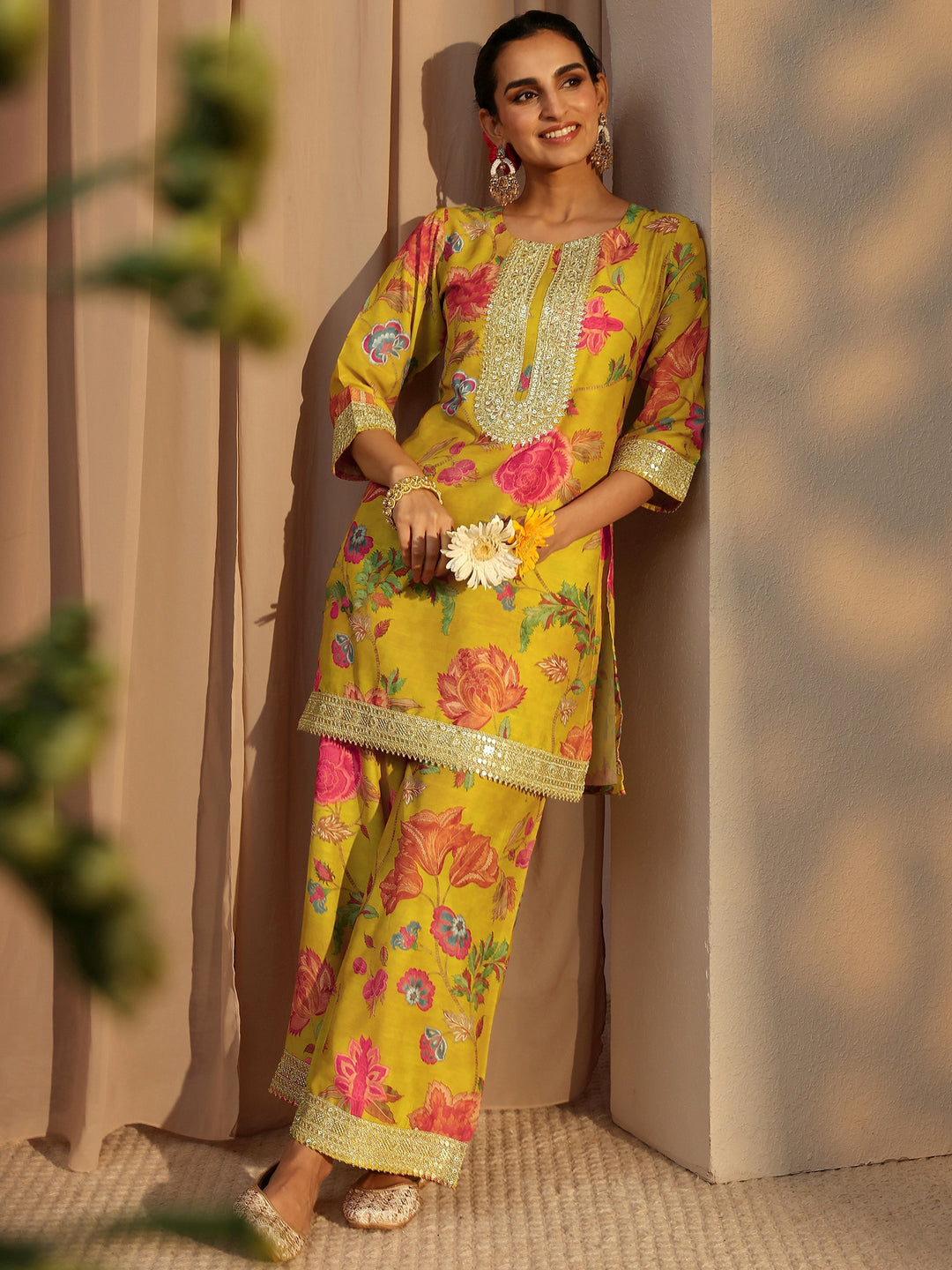 Mustard Floral Printed Silk Blend Co-Ord Set