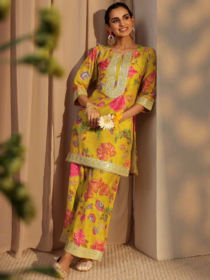 Mustard Floral Printed Silk Blend Co-Ord Set
