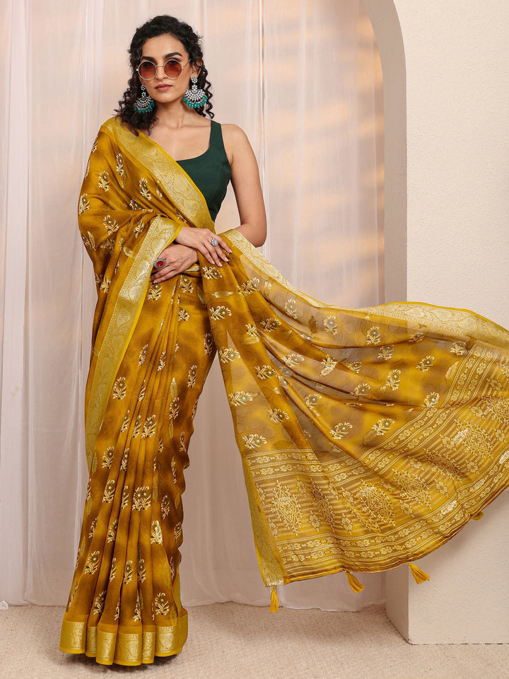 Mustard Floral Printed Silk Blend Saree 
With Unstitched Blouse Piece