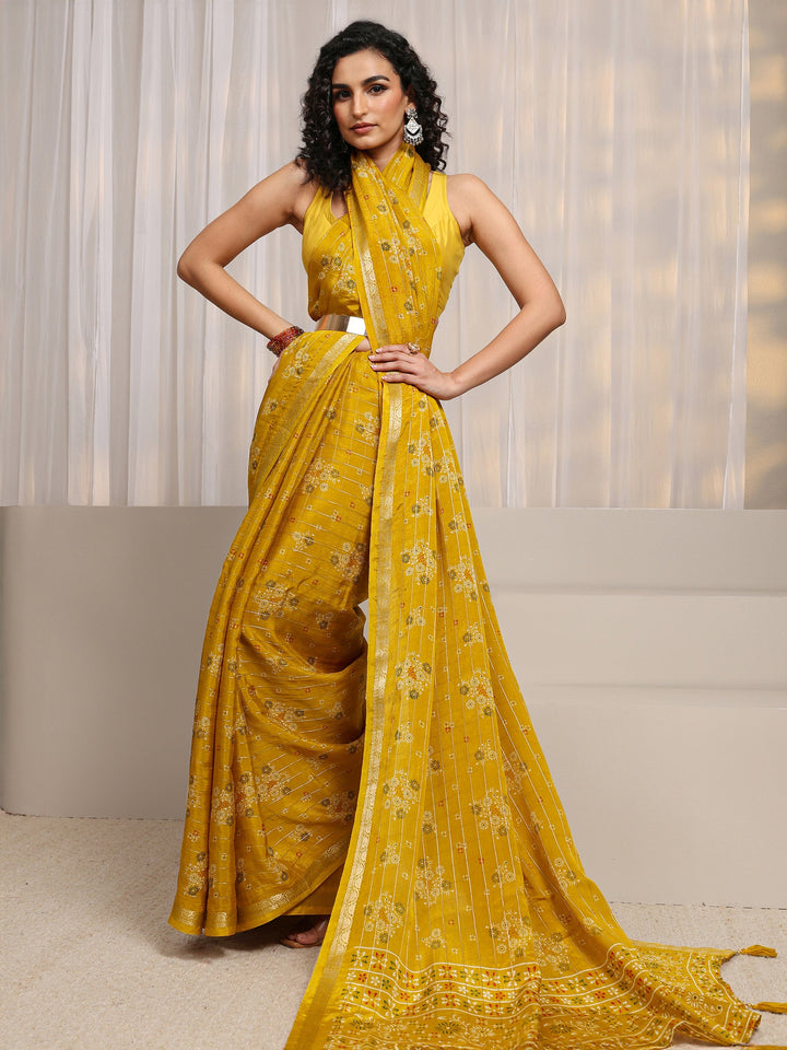 Mustard Floral Printed Silk Blend Saree 
With Unstitched Blouse Piece
