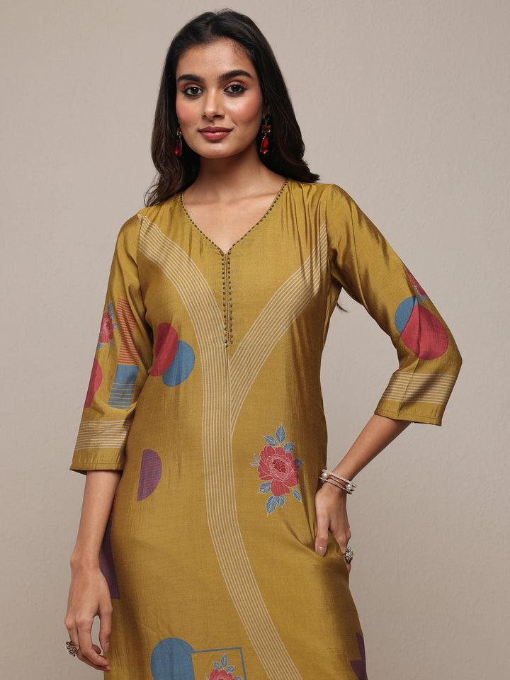 Mustard Floral Printed Silk Blend Straight Kurta
