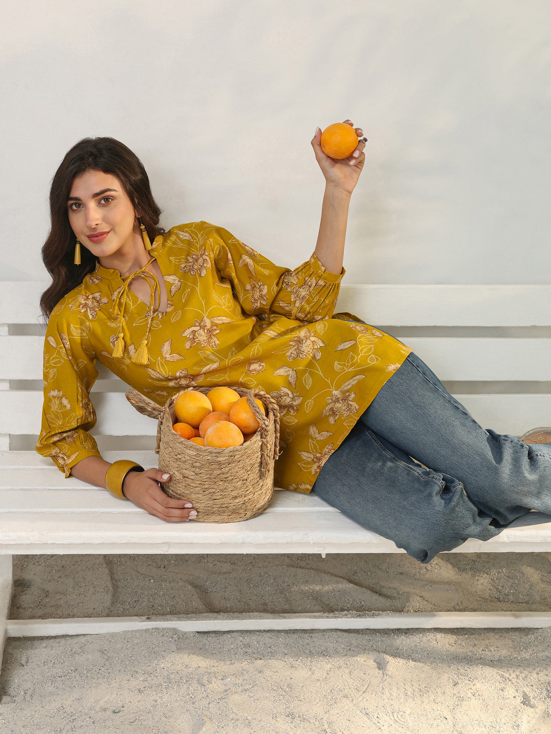 Mustard Floral Printed Silk Blend Straight Tie-Up Short Kurti