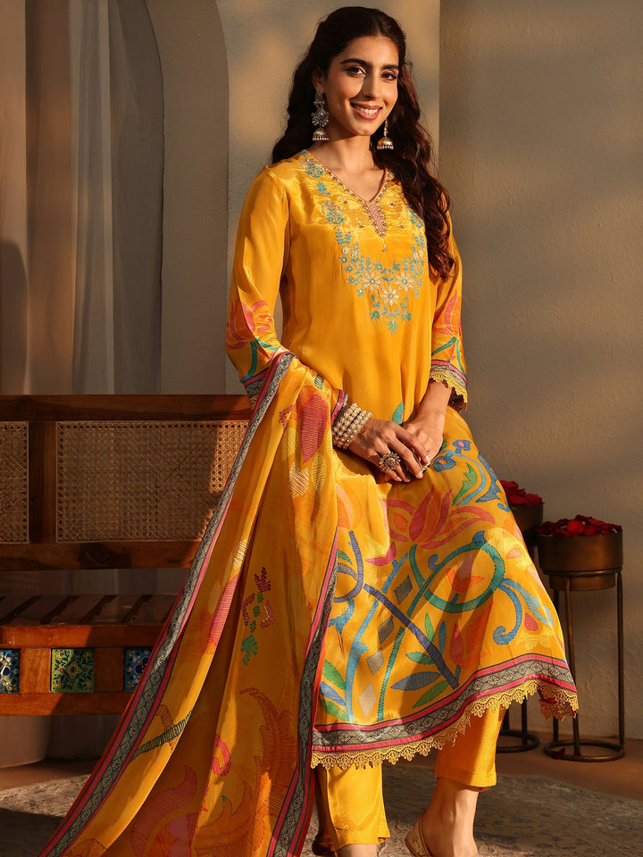 Mustard Floral Printed Silk Crepe Straight Suit Set With Dupatta