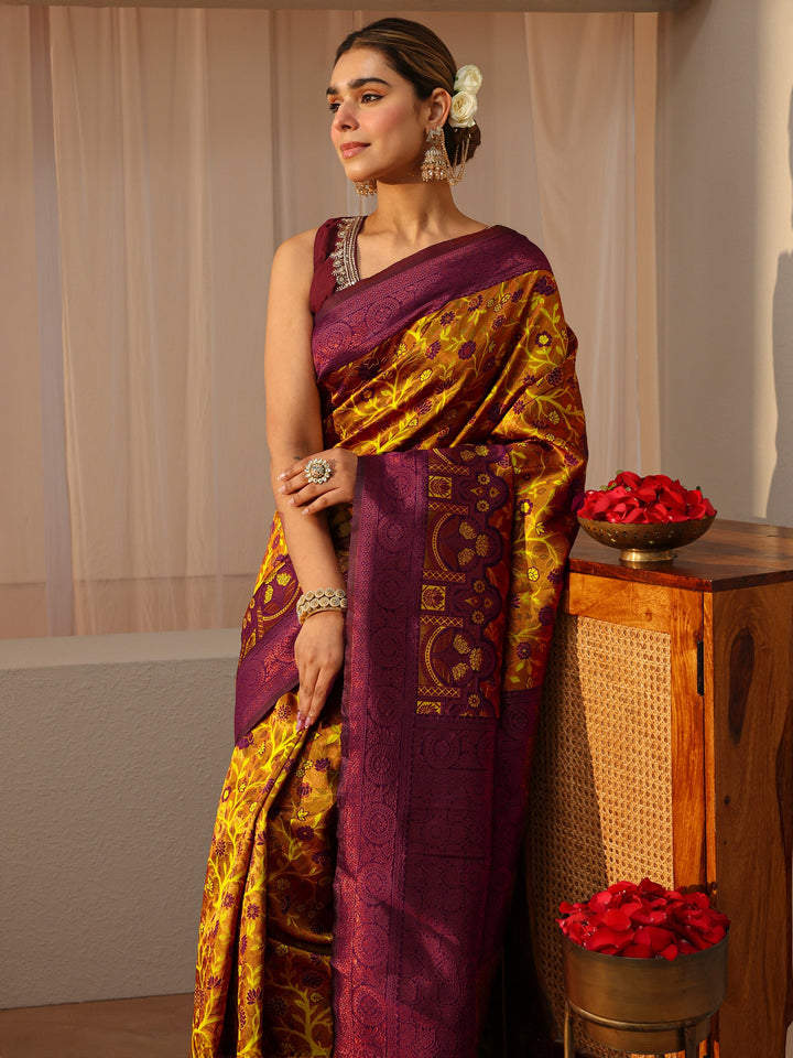 Mustard Floral Woven Design Silk Blend Saree