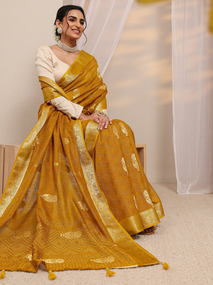 Mustard Floral Woven Design Silk Blend Saree With Unstitched Blouse Piece