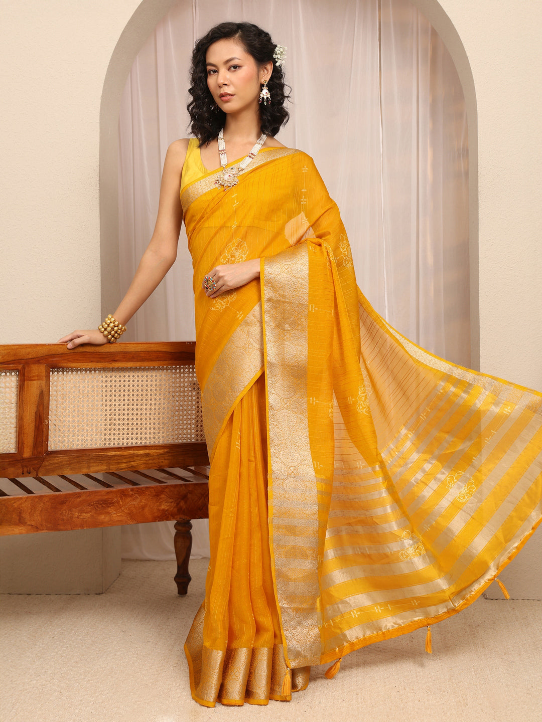 Mustard Floral Woven Design Silk Blend Saree With Unstitched Blouse Piece
