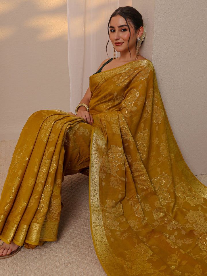 Mustard Floral Woven Design Silk Blend Saree With Unstitched Blouse Piece