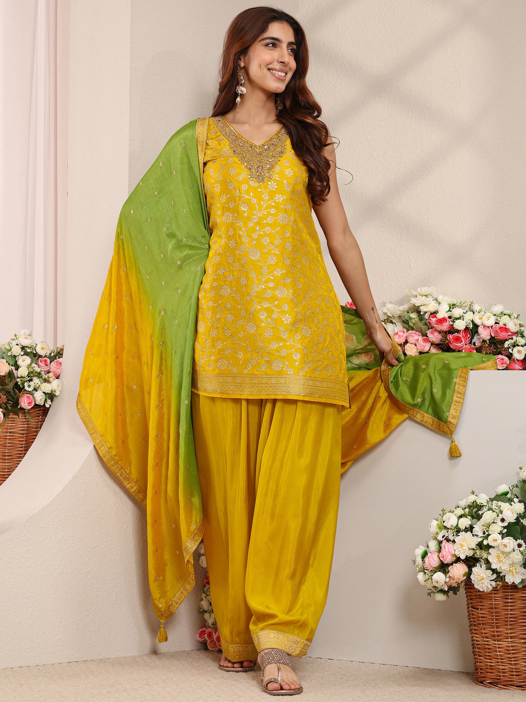 Mustard Floral Woven Design Silk Blend Straight Suit Set With Dupatta