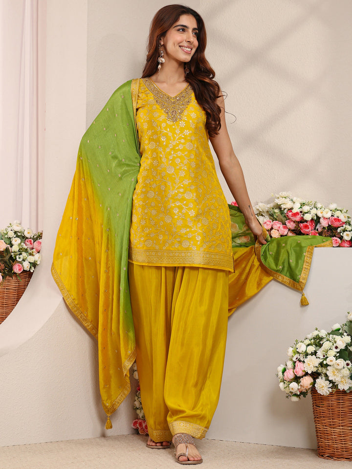 Mustard Floral Woven Design Silk Blend Straight Suit Set With Dupatta