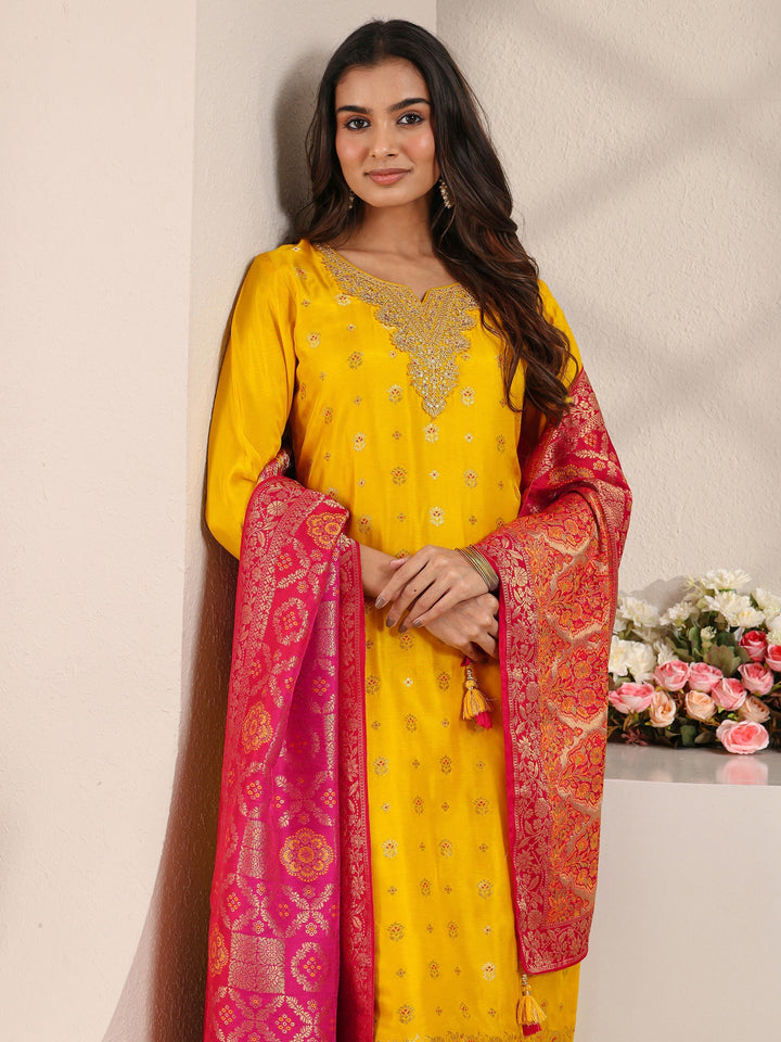 Mustard Floral Woven Design Silk Blend Straight Suit Set With Dupatta