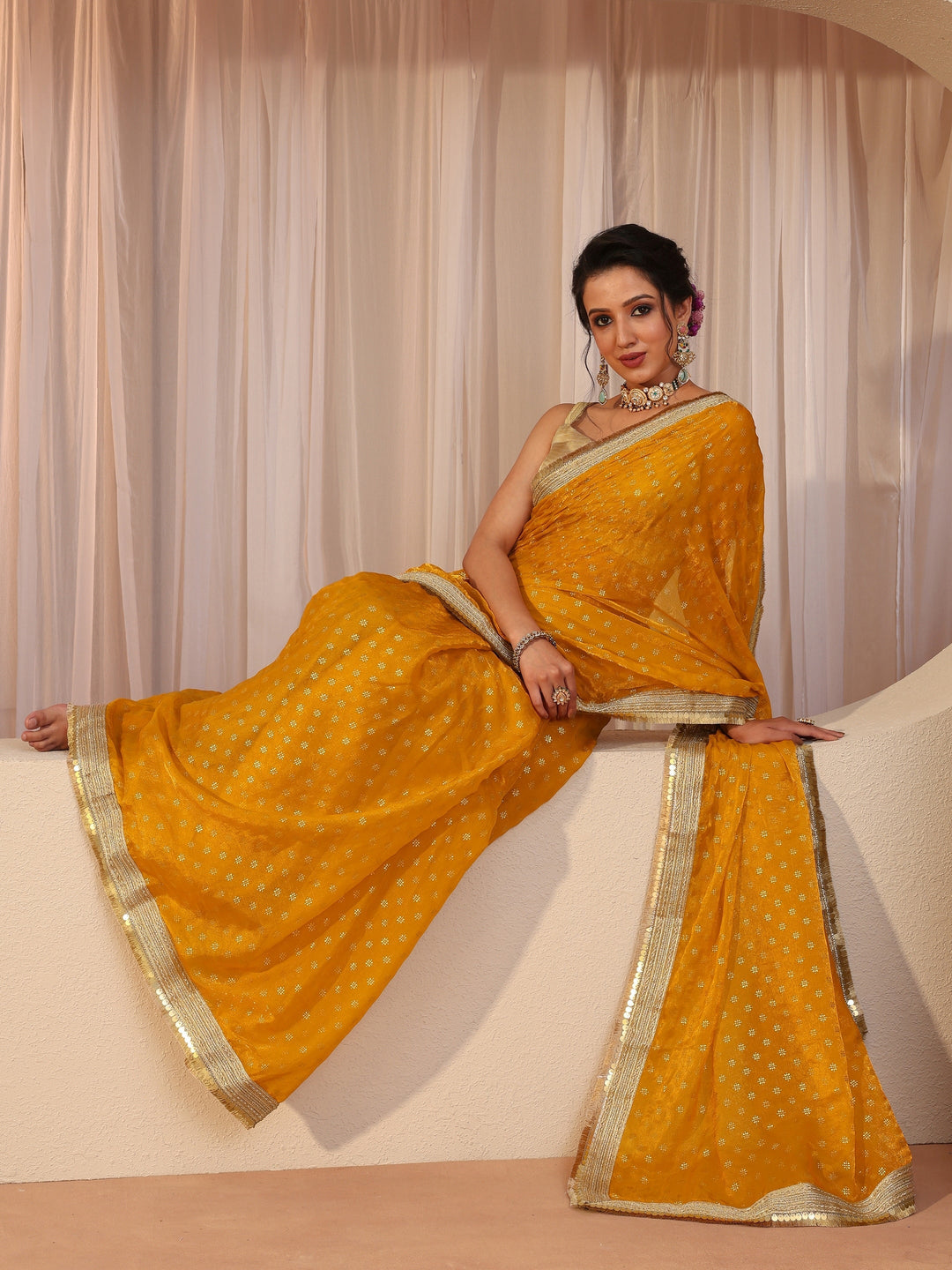 Mustard Foil Printed Tissue Saree