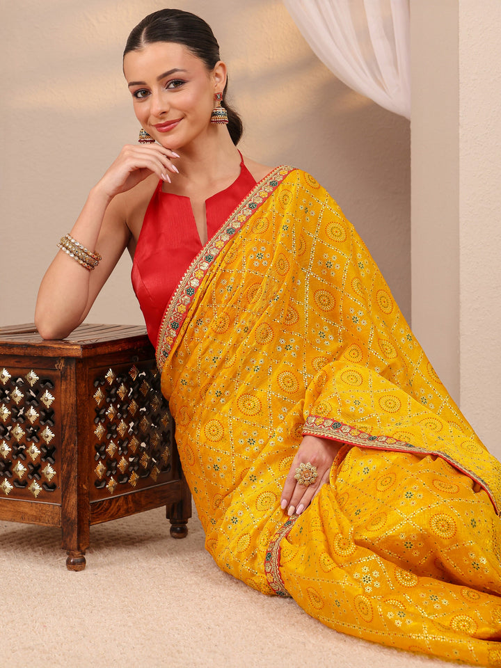 Mustard Gharchola Embellished Silk Blend Saree 
With Unstitched Blouse Piece