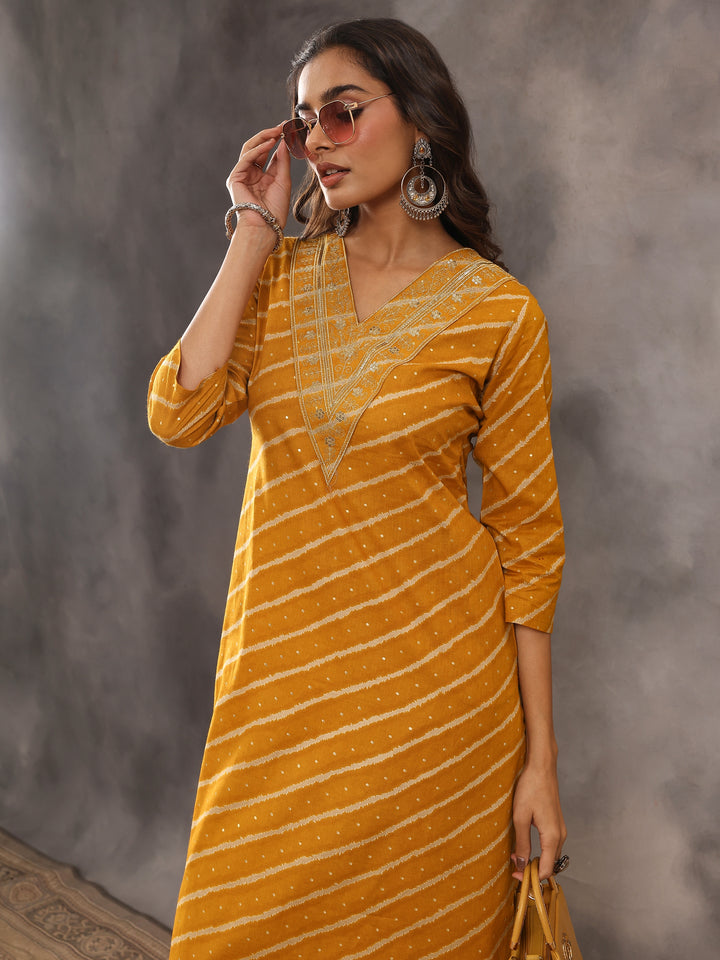 Mustard Leheriya Printed Cotton Straight Kurta