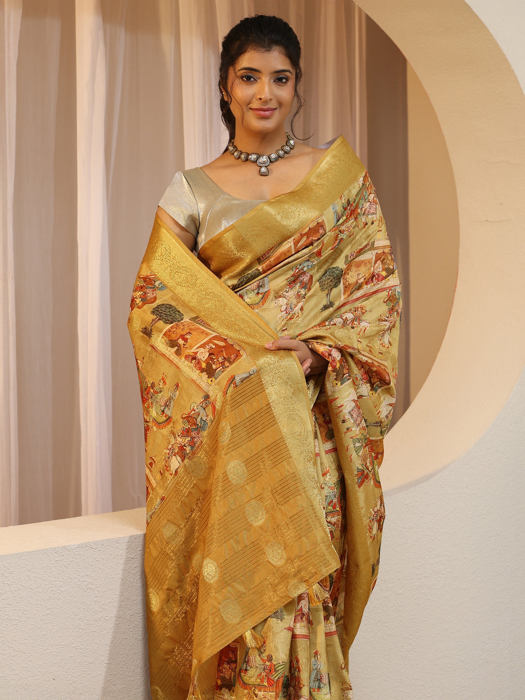 Mustard Maharaja Print Silk Blend Saree