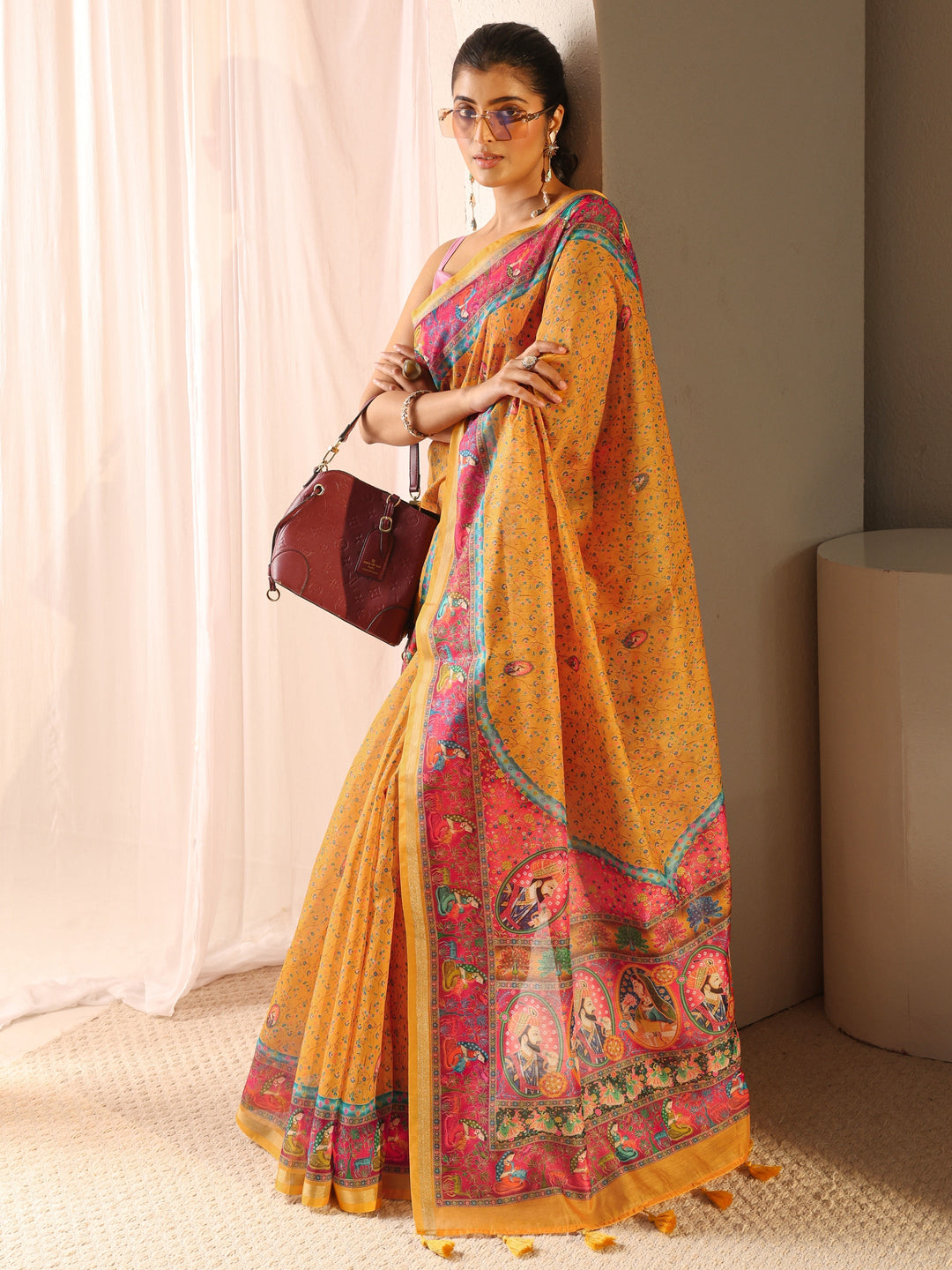 Mustard Mughal Printed Silk Blend Tassel Saree With Unstitched Blouse Piece