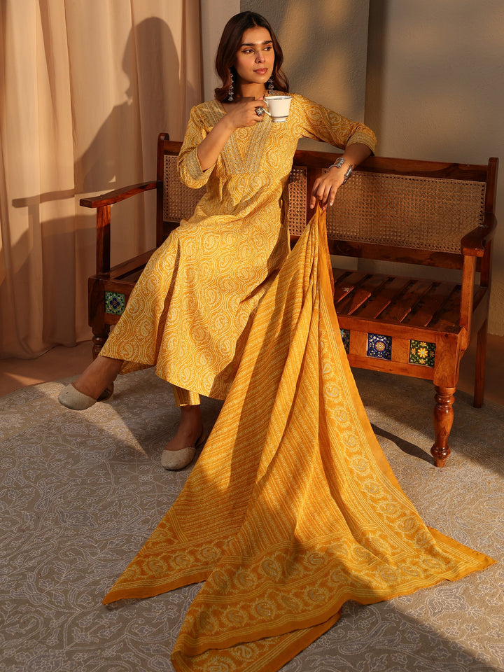 Mustard Paisley Printed Cotton A-Line Suit Set With Dupatta