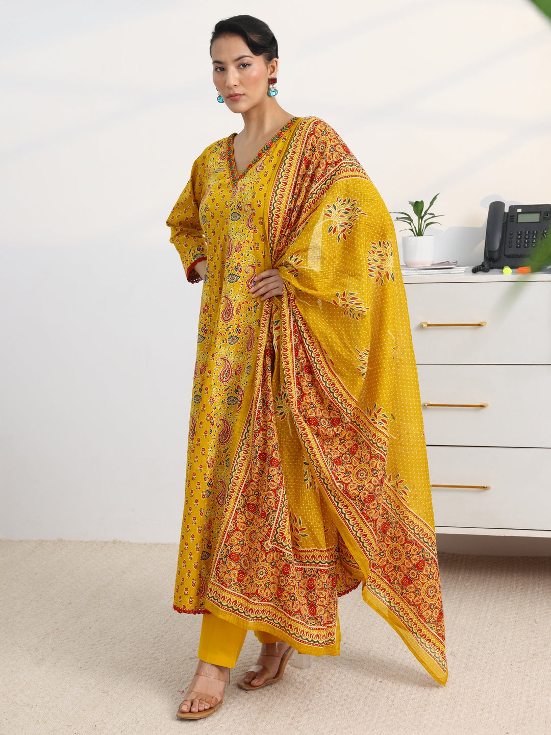 Mustard Paisley Printed Cotton Blend A-Line Suit Set With Dupatta