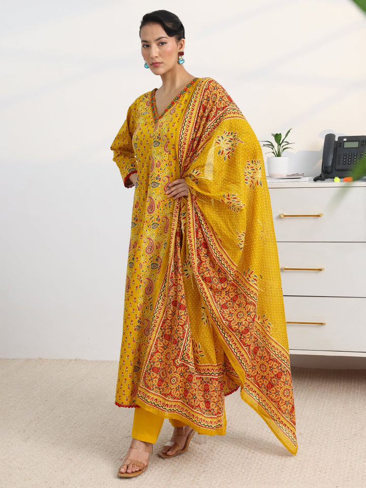 Mustard Paisley Printed Cotton Blend A-Line Suit Set With Dupatta