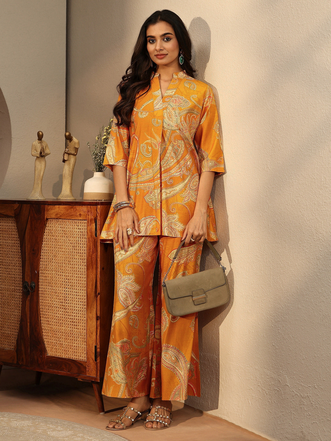 Mustard Paisley Printed Silk Blend Co-Ord Set