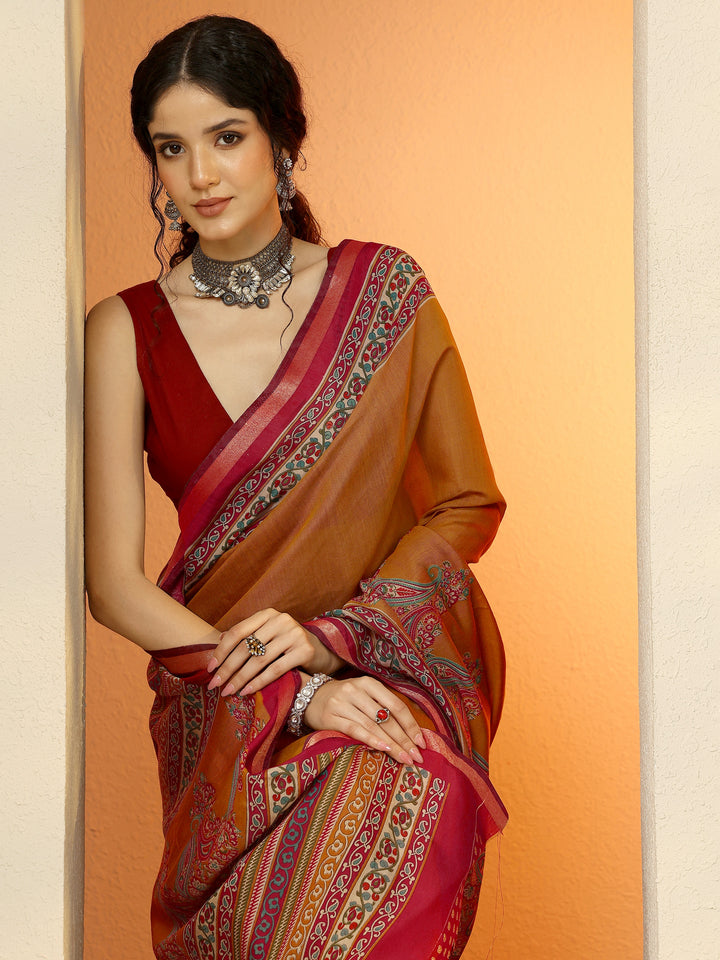 Mustard Paisley Printed Silk Blend Saree With Unstitched Blouse Piece