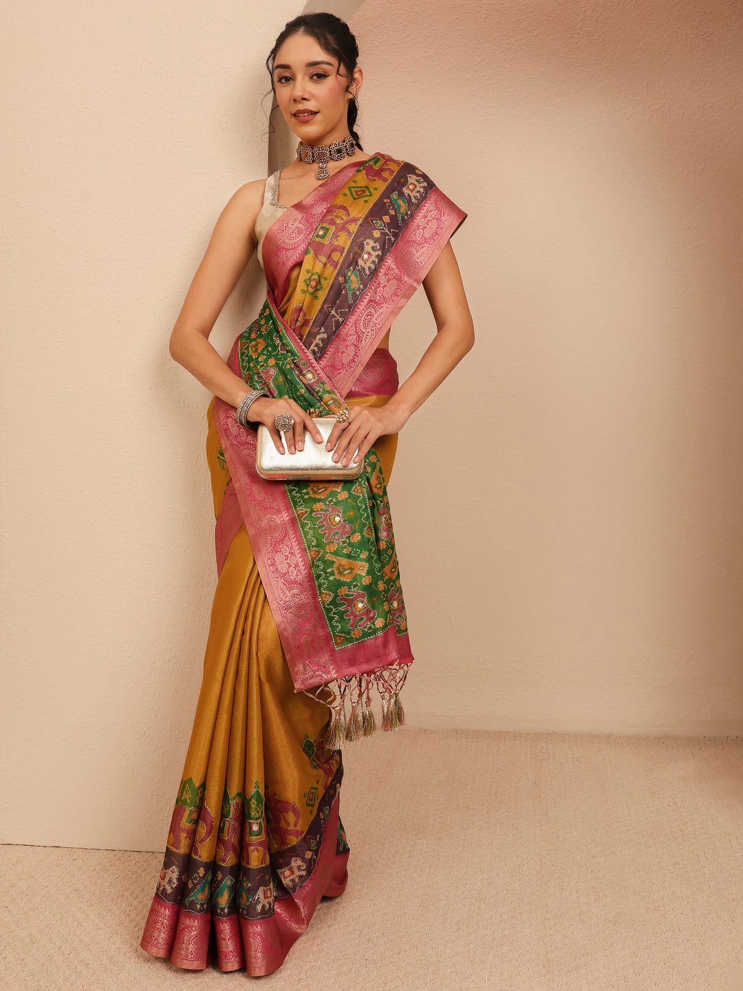 Mustard Patola Border Silk Blend Saree