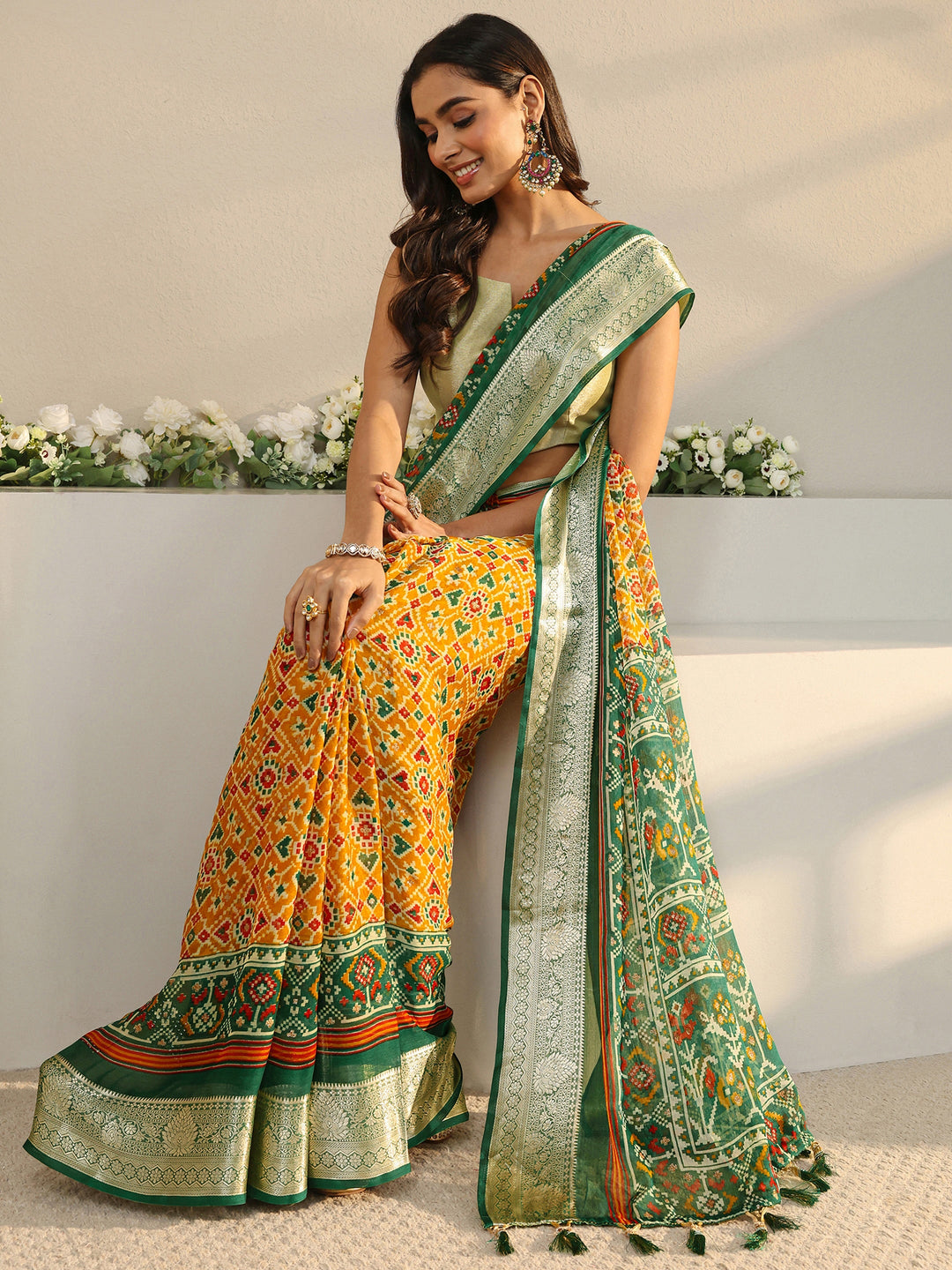 Mustard Pochampally Ikkat Silk Blend Saree With Unstitched Blouse Piece