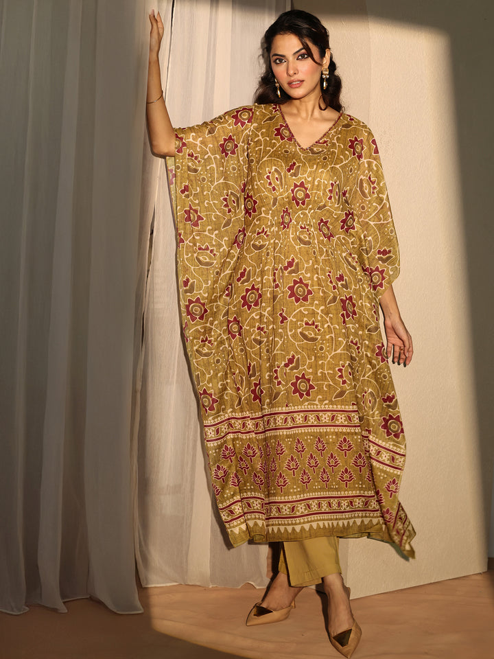 Mustard Printed Chiffon A-Line Kurta Set